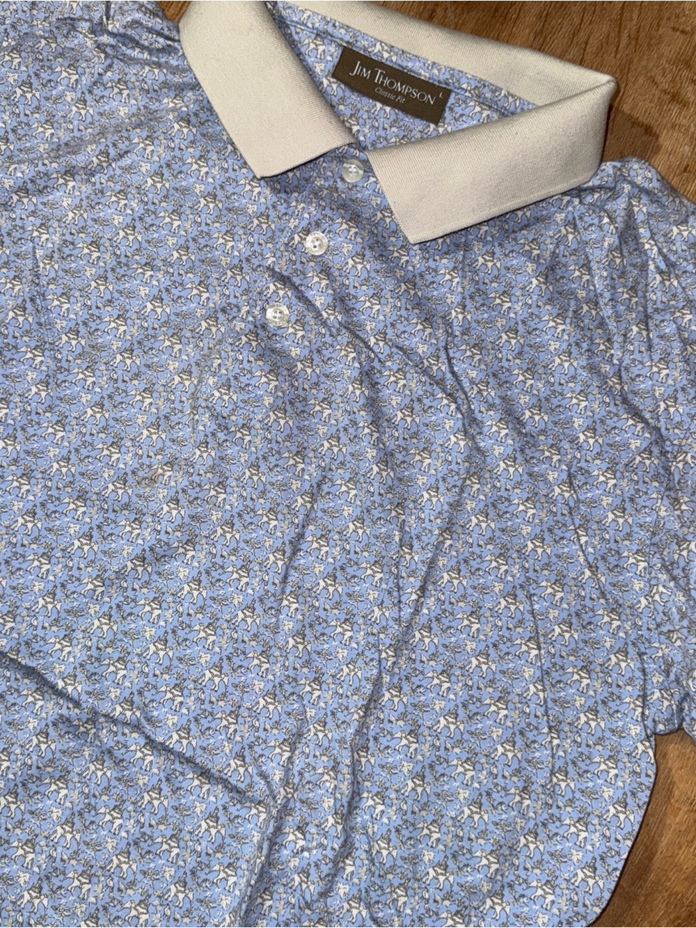 Jim Thompson Pima Cotton Polo L Blue Elephant Allover print detail preppy Slim L
